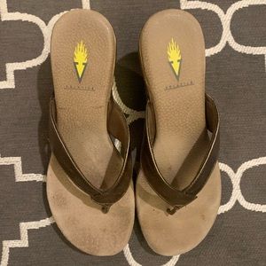 Volatile Swiss Btonze sandals & cork wedge heel.